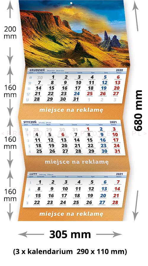 Kalendarze firmowe z logo - Kalendarz trójdzielny ŚCIENNY K1S