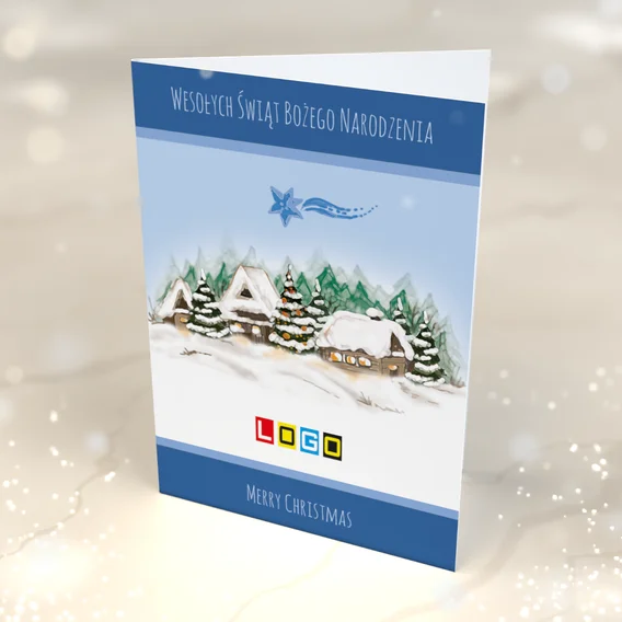 Zimowa Wioska BN1-058 — przód kartki, motyw domki Zimowa Wioska BN1-058 — przód kartki, motyw domki
