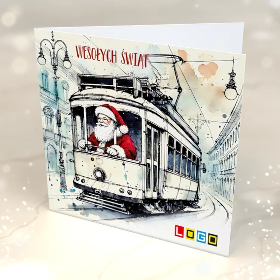 Świąteczny tramwaj BN2-584 — przód kartki, motyw mikołaj Świąteczny tramwaj BN2-584 — przód kartki, motyw mikołaj