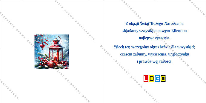 Wnętrze kartki Zimowa Latarnia z miejscem na życzenia i logo