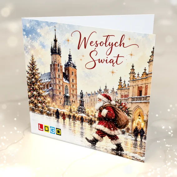 Mikołaj na zimowym rynku BN2-730 — przód kartki, motyw mikołaj Mikołaj na zimowym rynku BN2-730 — przód kartki, motyw mikołaj